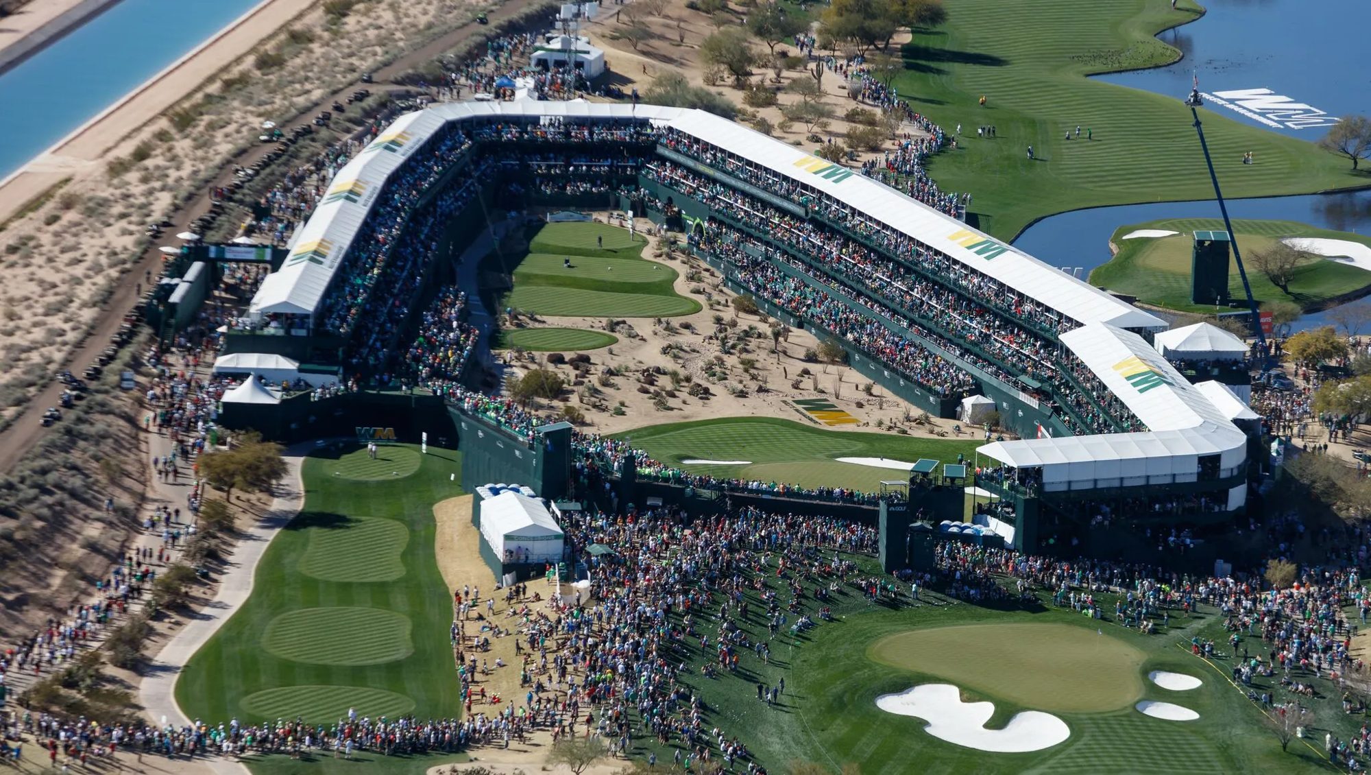 Aerial view of the 16th hole stadium at the WM Phoenix Open